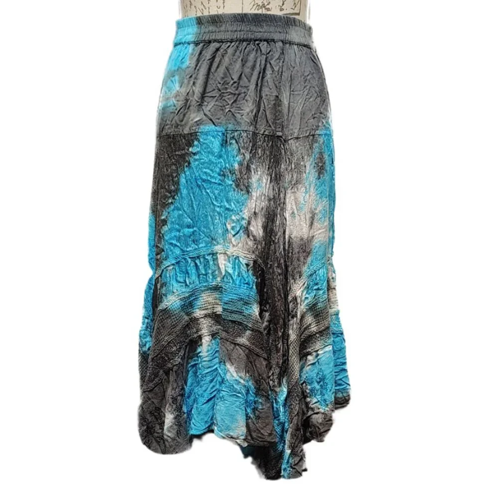 Boho‎ Tie Dye Midi Skirt Large Asymmetrical Blue Gray Hippie Flowy